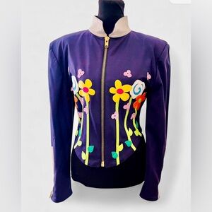 RARE Vintage lined Leather Trim n Floral Design Crop Jacket